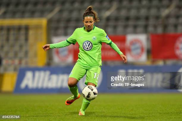 Vanessa Bernauer of Wolfsburg controls the ball during the Women's DFB Cup Quarter Final match between FC Bayern Muenchen and VfL Wolfsburg at the...
