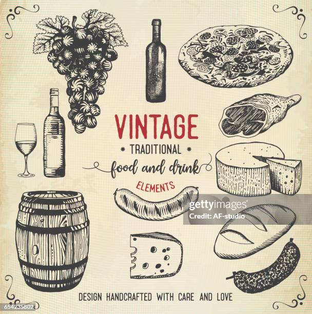 bildbanksillustrationer, clip art samt tecknat material och ikoner med vintage mat och dryck ikoner - cheese and wine