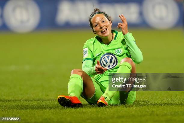Vanessa Bernauer of Wolfsburg on the ground during the Women's DFB Cup Quarter Final match between FC Bayern Muenchen and VfL Wolfsburg at the...