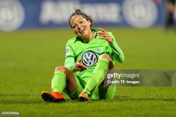 Vanessa Bernauer of Wolfsburg on the ground during the Women's DFB Cup Quarter Final match between FC Bayern Muenchen and VfL Wolfsburg at the...