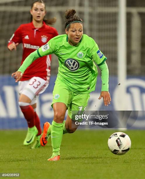 Vanessa Bernauer of Wolfsburg controls the ball during the Women's DFB Cup Quarter Final match between FC Bayern Muenchen and VfL Wolfsburg at the...