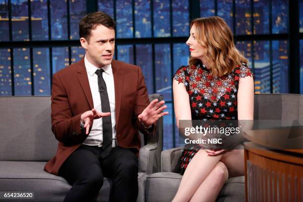 Episode 503 -- Pictured: Bryan Safi and Erin Gibson during an interview with host Seth Meyers on March 16, 2017 --