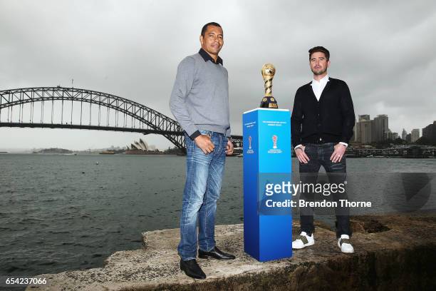Gilberto Silva and Harry Kewell pose with the 2017 FIFA Confederations Cup at Blues Point Reserve on March 17, 2017 in Sydney, Australia.