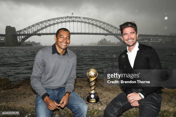 Gilberto Silva and Harry Kewell share a joke with the 2017 FIFA Confederations Cup at Blues Point Reserve on March 17, 2017 in Sydney, Australia.
