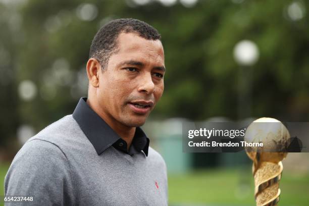 Gilberto Silva addresses the media at a 2017 FIFA Confederations Cup media opportunity at Blues Point Reserve on March 17, 2017 in Sydney, Australia.