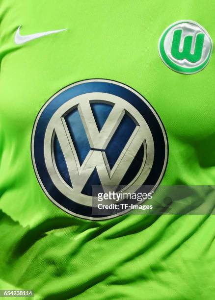 Volkswagen logo is seen during the Women's DFB Cup Quarter Final match between FC Bayern Muenchen and VfL Wolfsburg at the Stadion an der Gruenwalder...