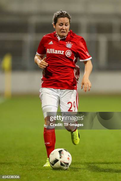 Nicole Rolser of Bayern Muenchen controls the ball during the Women's DFB Cup Quarter Final match between FC Bayern Muenchen and VfL Wolfsburg at the...