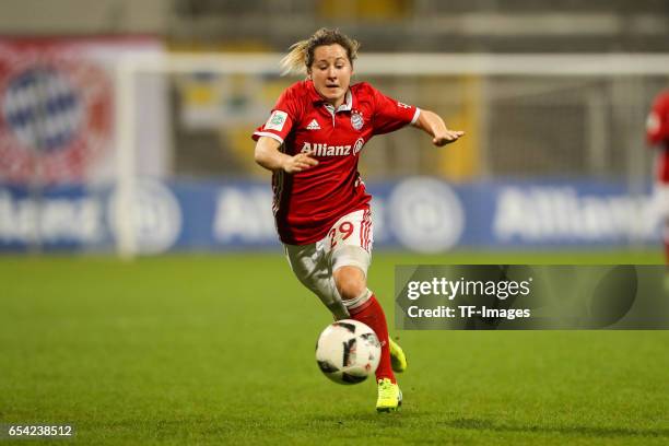 Nicole Rolser of Bayern Muenchen controls the ball during the Women's DFB Cup Quarter Final match between FC Bayern Muenchen and VfL Wolfsburg at the...