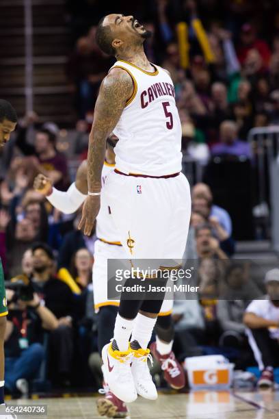 Smith of the Cleveland Cavaliers celebrates after hitting a three point shot during the final minutes of the the second half against the Utah Jazz at...