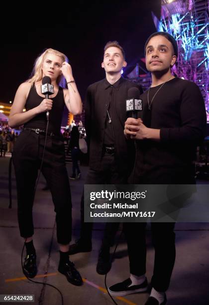 Musicans Lyndsey Gunnulfsen, Brian Macdonald and Alex Babinski of PVRIS at MTV Woodies LIVE on March 16, 2017 in Austin, Texas.