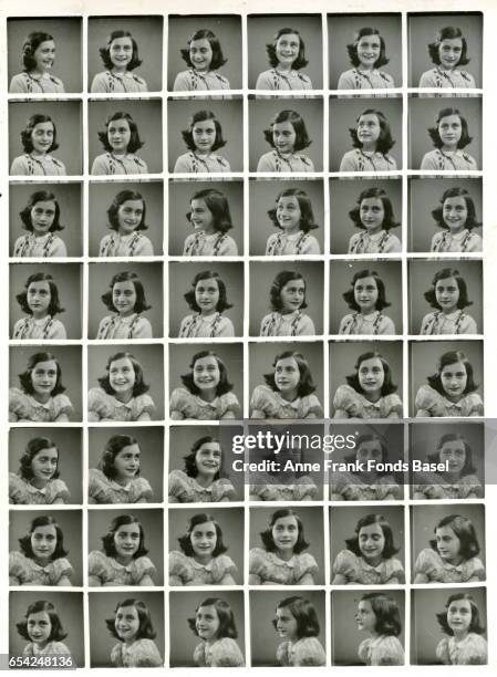 Collage of passport sized images of Anne Frank, 1939.