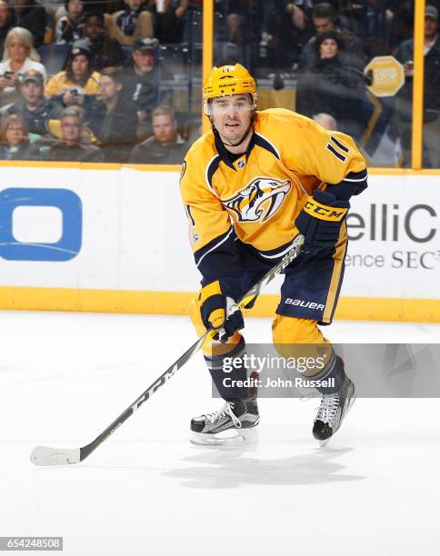 Parenteau of the Nashville Predators skates against the Winnipeg Jets during an NHL game at Bridgestone Arena on March 13, 2017 in Nashville,...