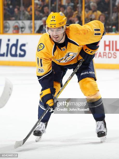 Parenteau of the Nashville Predators skates against the Winnipeg Jets during an NHL game at Bridgestone Arena on March 13, 2017 in Nashville,...