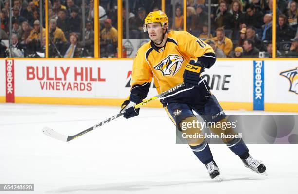 Parenteau of the Nashville Predators skates against the Winnipeg Jets during an NHL game at Bridgestone Arena on March 13, 2017 in Nashville,...