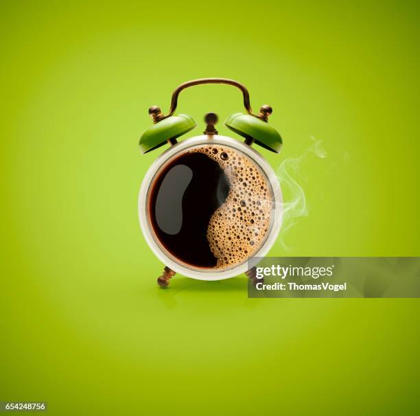 hot coffee retro alarm clock - coffee break funny stock pictures, royalty-free photos & images