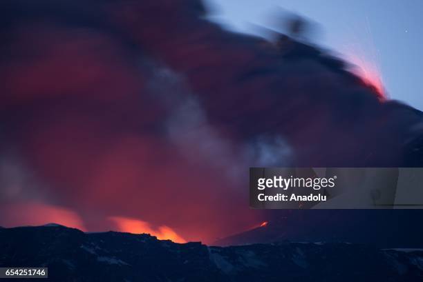 The eruptive activity of the volcano Etna's southeast crater is seen from 2100 meters above mean sea level on March 16, 2017 in Catania, Italy. Mount...