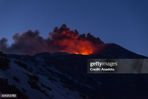 The eruptive activity of the volcano Etna's southeast crater is seen from 2100 meters above mean sea level on March 16, 2017 in Catania, Italy. Mount...