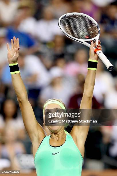 Elena Vesnina of Russia celebrates match point against Venus Williams during the BNP Paribas Open at the Indian Wells Tennis Garden on March 16, 2017...