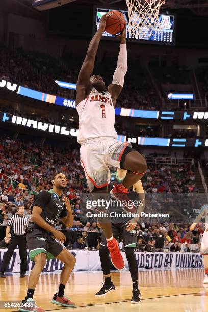 Rawle Alkins of the Arizona Wildcats dunks the ball against the North Dakota Fighting Sioux during the first round of the 2017 NCAA Men's Basketball...