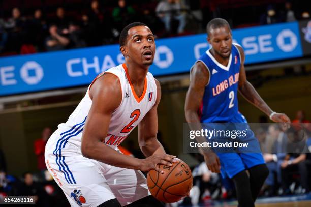 March 16: Doron Lamb of the Westchester Knicks shoots against Trahson Burrell of the Long Island Nets at the Westchester County Center on March 16,...