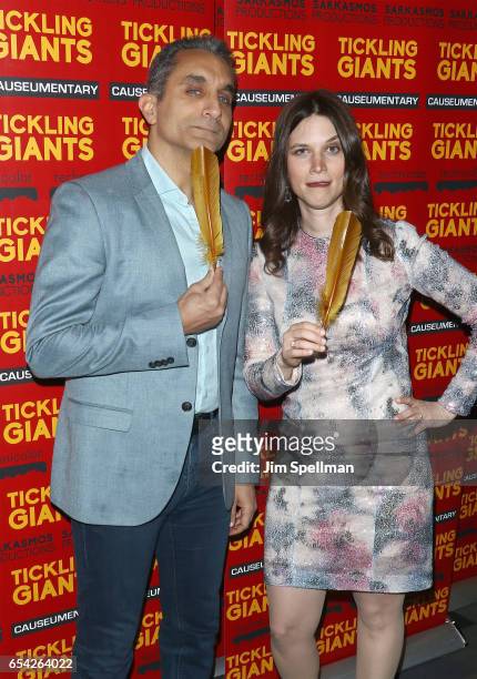 Writer/TV host Bassem Youssef and director Sara Taksler attend the "Tickling Giants" New York premiere at IFC Center on March 16, 2017 in New York...