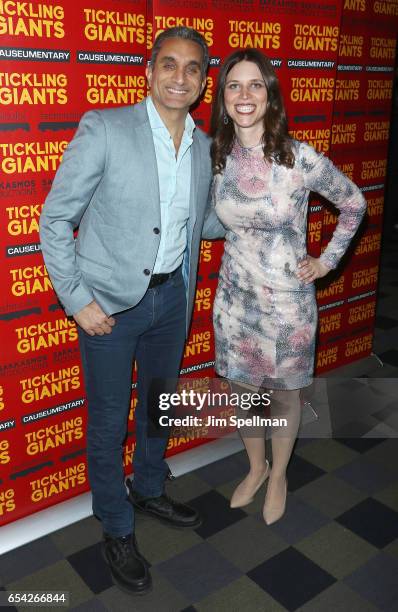 Writer/TV host Bassem Youssef and director Sara Taksler attend the "Tickling Giants" New York premiere at IFC Center on March 16, 2017 in New York...