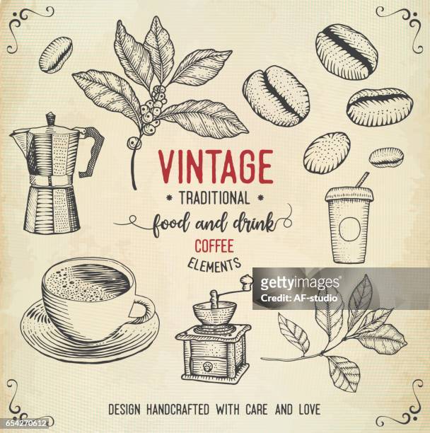 ilustraciones, imágenes clip art, dibujos animados e iconos de stock de iconos de café vintage - taza de cafe
