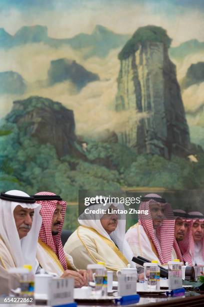 Saudi Arabia's King Salman bin Abdulaziz Al Saud meets with Chinese Premier Li Keqiang at Great Hall of the People on March 17, 2017 in Beijing,...