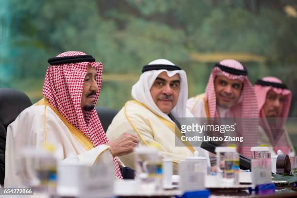 Saudi Arabia's King Salman bin Abdulaziz Al Saud meets with Chinese Premier Li Keqiang at Great Hall of the People on March 17, 2017 in Beijing,...