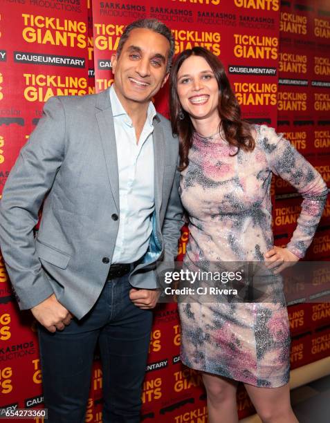 Bassem Youssef and Sara Taksler attend 'Tickling Giants' New York premiere at IFC Center on March 16, 2017 in New York City.