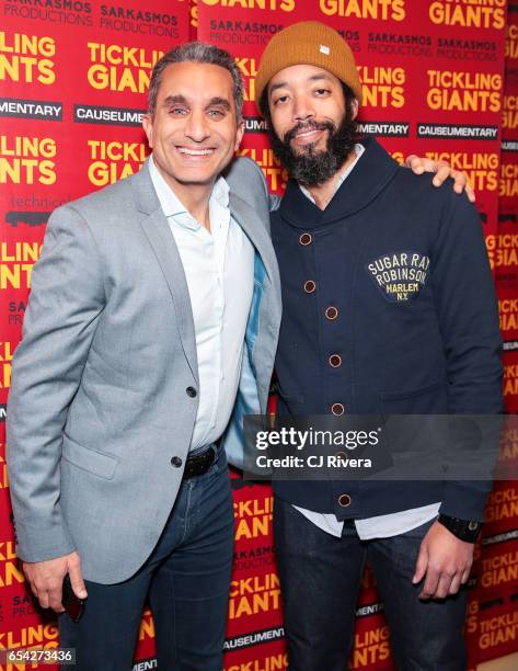 Bassem Youssef and Wyatt Cenac attend 'Tickling Giants' New York premiere at IFC Center on March 16, 2017 in New York City.