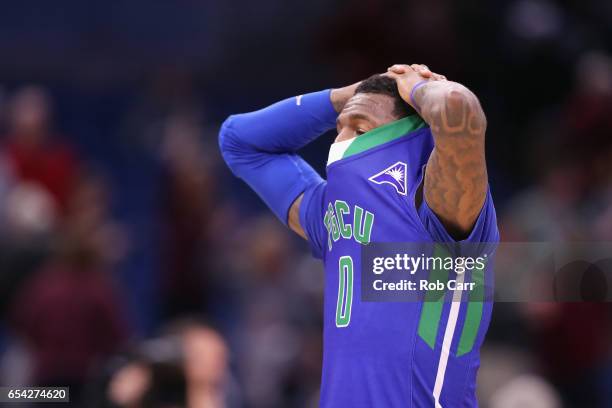 Brandon Goodwin of the Florida Gulf Coast Eagles reacts after being defeated by the Florida State Seminoles 86-80 during the first round of the 2017...