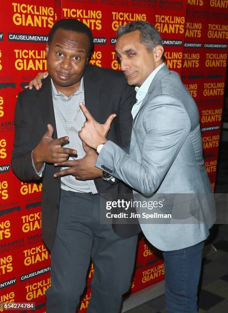 Actor Roy Wood Jr. And writer/TV host Bassem Youssef attend the "Tickling Giants" New York premiere at IFC Center on March 16, 2017 in New York City.