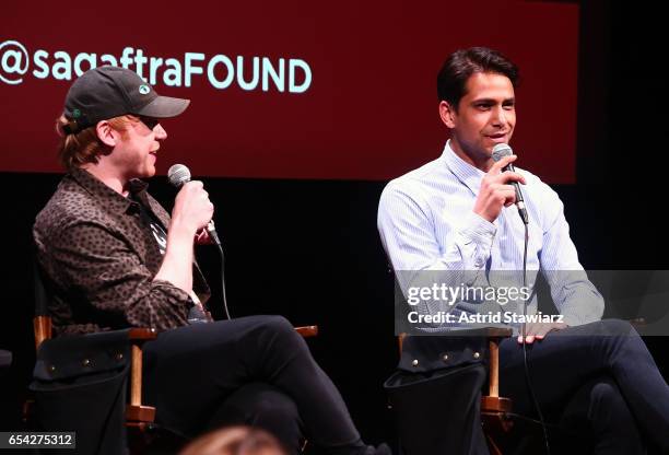 Actors Rupert Grint and Luke Pasqualino speak during the SAG-AFTRA foundation conversation for "Snatch" at the Robin Williams Center on March 16,...