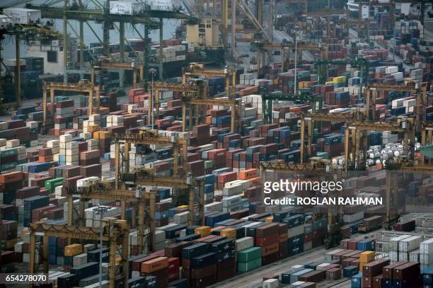 General view of Tanjong Pagar container terminal is seen in Singapore on March 17, 2017. Singapore exports in February surged with its strongest...