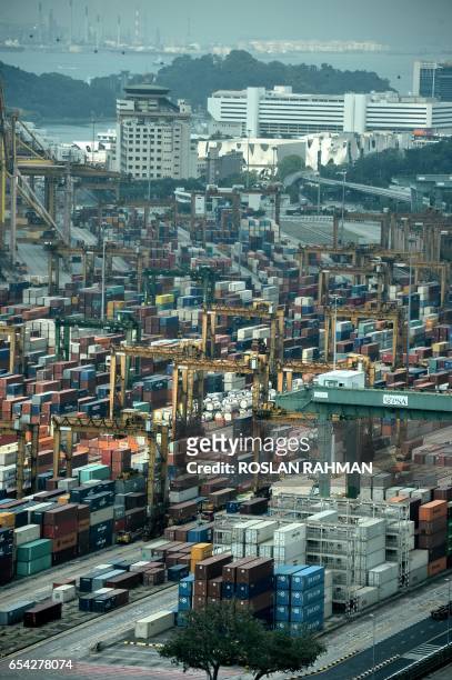 General view of Tanjong Pagar container terminal is seen in Singapore on March 17, 2017. Singapore exports in February surged with its strongest...