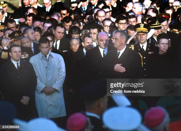 American politician US President Lyndon Baines Johnson attends President John F Kennedy's funeral at Arlington National Cemetery, Arlington,...