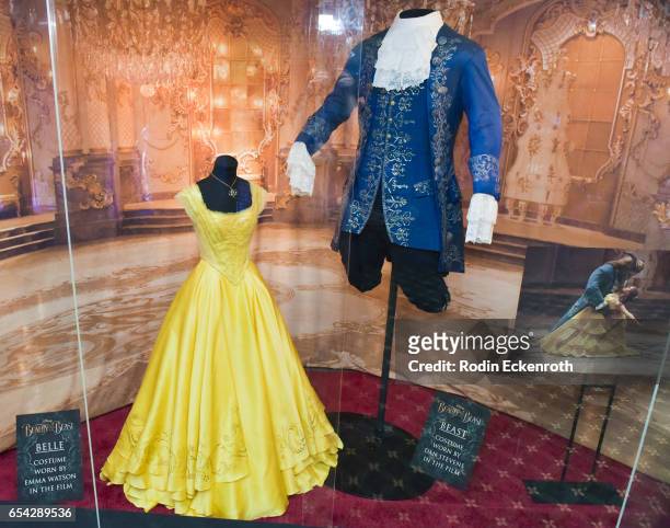 Belle and Beast costumes on display at opening night of Disney's "Beauty And The Beast" at El Capitan Theatre on March 16, 2017 in Los Angeles,...