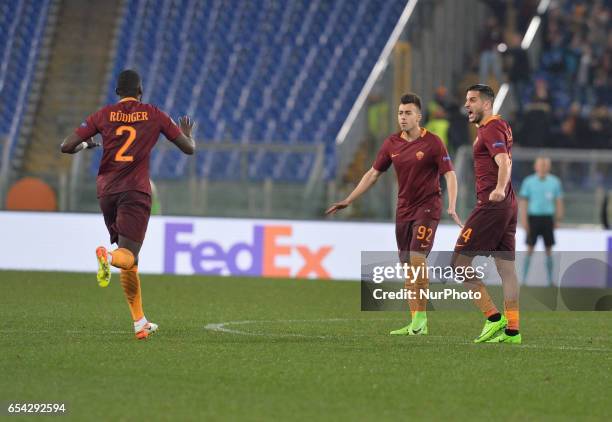 Antonio Rudiger, Stephan El Shaarawy, Kostas Monalas during the Europe League football match A.S. Roma vs Olympique Lyonnais at the Olympic Stadium...