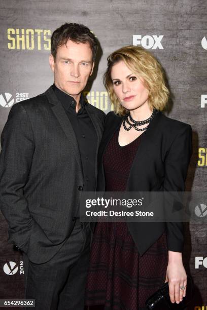 Actors Stephen Moyer and Anna Paquin attend the screening of FOX's "Shots Fired" at Pacific Design Center on March 16, 2017 in West Hollywood,...