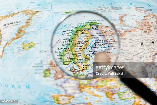 norway,sweden  and magnifying glass - sweden map stock pictures, royalty-free photos & images