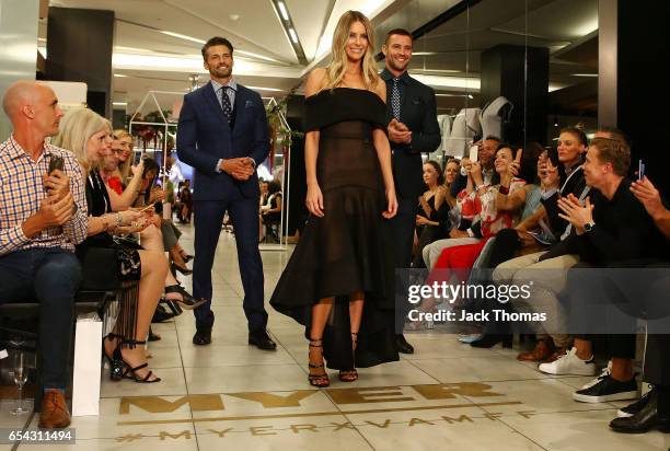 Tim Robards , Jennifer Hawkins and Kris Smith showcase designs during the Myer Fashion Runway show on March 17, 2017 in Melbourne, Australia.