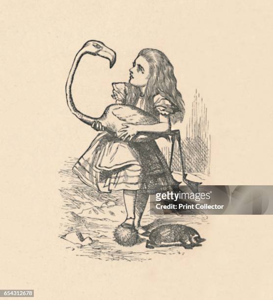 Alice tries to play croquet with a flamingo as a mallet, 1889. Lewis Carrolls Alice in Wonderland as illustrated by John Tenniel . From Alices...