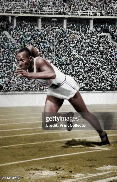 Jesse Owens at the start of the 200 metres at the Berlin Olympic Games, 1936. Owens setting off on the way to one of his four gold medals at the 1936...