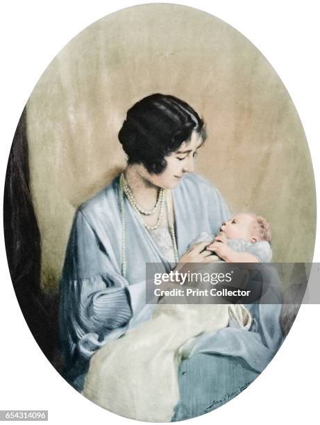 Queen Elizabeth with Princess Elizabeth in 1926, . The future Queen Elizabeth II with her mother . A print from the Illustrated London News:...