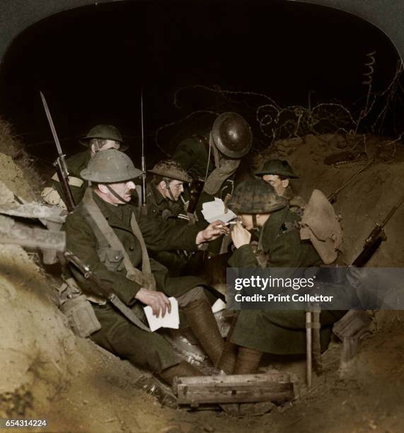 An evening in the reserve trenches at Beaumont Hamel, France, World War I, 1914-1918. Stereoscopic card detail. . Artist Realistic Travels Publishers.