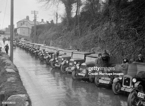 Cars parked at the MCC Lands End Trial, Launceston, Cornwall, 1930. Artist: Bill Brunell. Austin 7 747 cc. Reg. No. OF92??. MG M 847 cc. Reg. No....