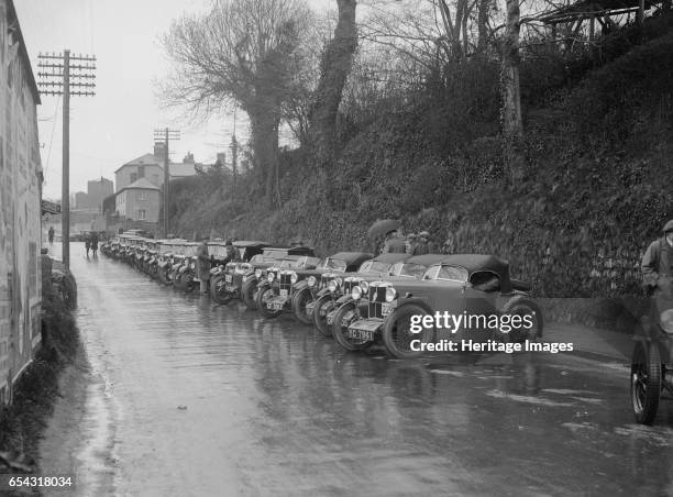 Cars parked at the MCC Lands End Trial, Launceston, Cornwall, 1930. Artist: Bill Brunell. MG, Riley, Austin. Place: Launceston, Cornwall. M.C.C....