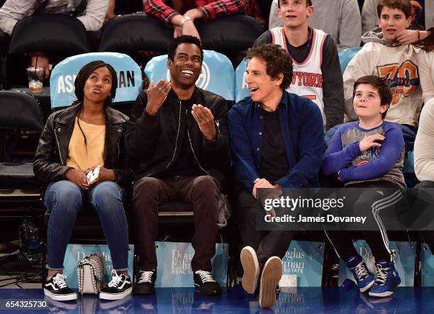 Lola Rock, Chris Rock, Ben Stiller and Quinlin Stiller attend Brooklyn Nets Vs. New York Knicks game at Madison Square Garden on March 16, 2017 in...