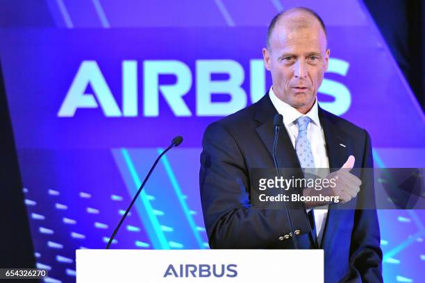 Tom Enders, chief executive officer of Airbus Group NV, speaks during the ground-breaking ceremony for the Airbus India Training Centre in New Delhi,...